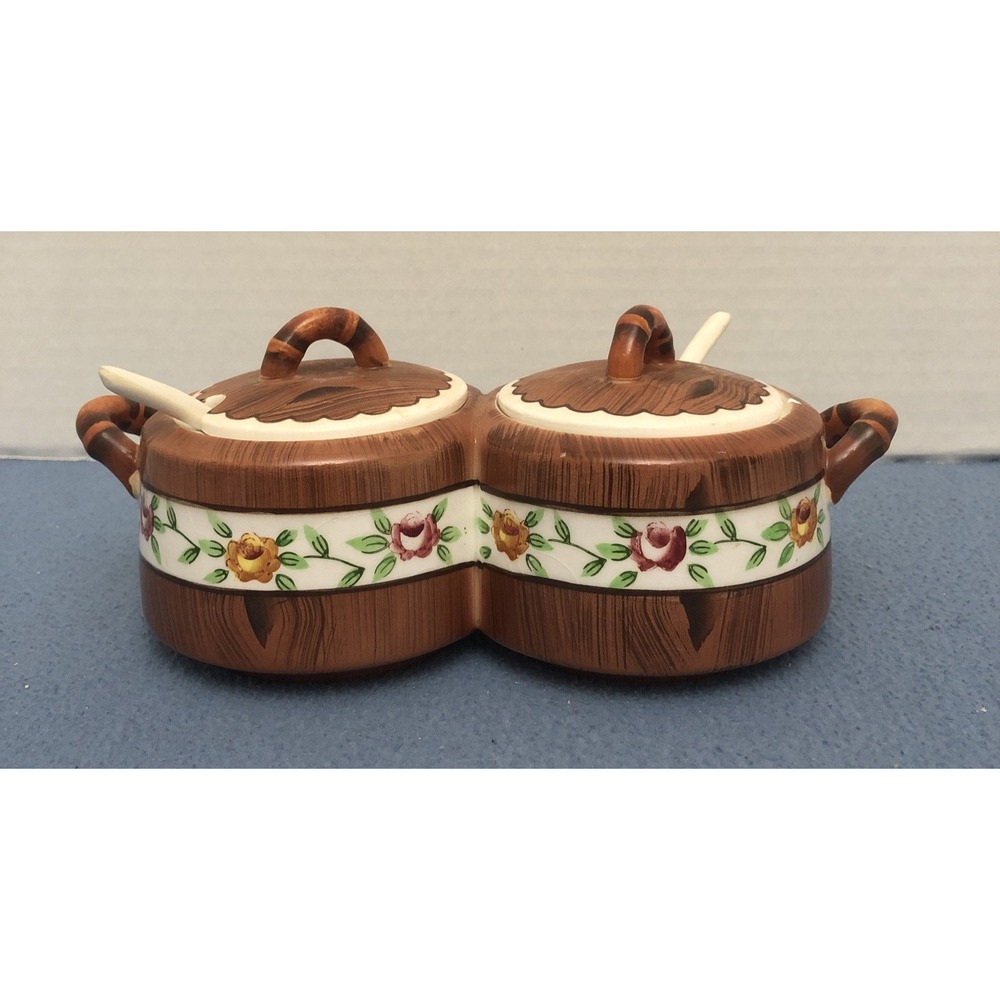 VTG Orchard Ware Brown Floral‎ Hand Painted Lidded Condiment Server w/Spoons